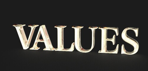 3D rendered golden VALUES word on black. Ideal for business, ethics, and corporate concepts.