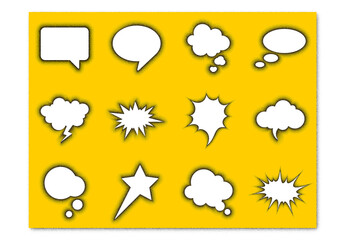 Vector collection of abstract speech bubbles with stipple noise texture effect on orange background
