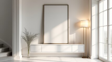 Large empty wooden frame on white wall, soft daylight and warm lamp glow, calm space and architectural detail concept