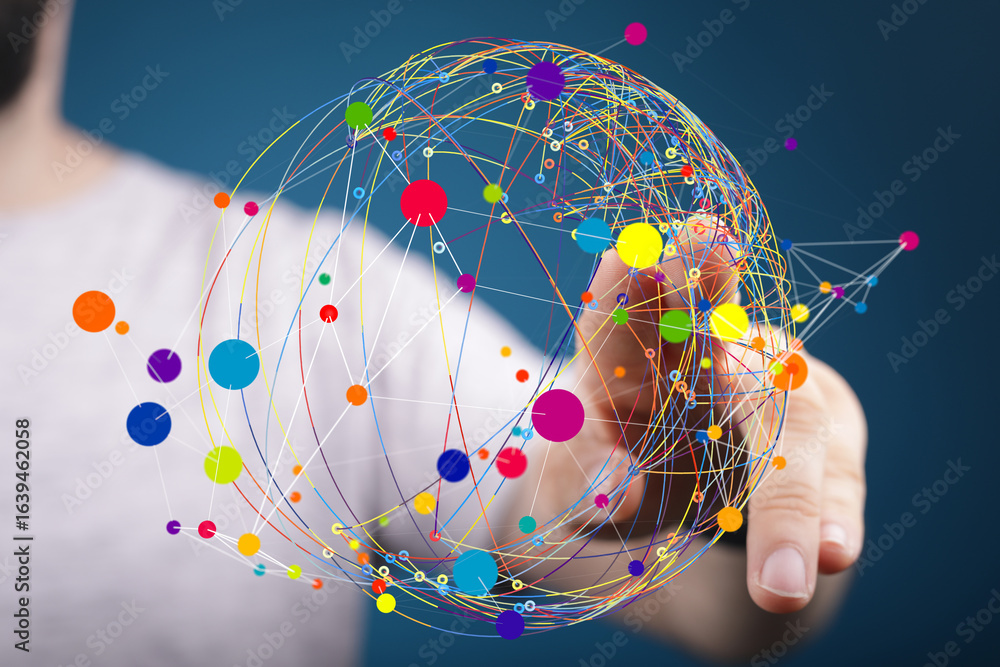Poster abstract image of a hand interacting with a colorful network sphere. represents global connectivity,