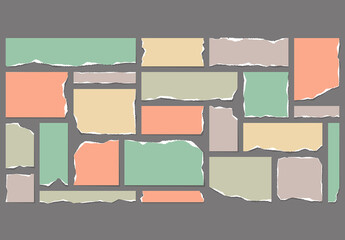 Vector collection of blank multi colored torn paper sheets isolated on gray background.