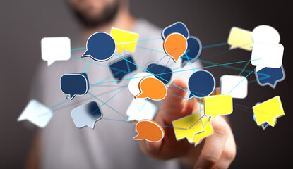 A network of speech bubbles represents global communication and interconnectedness.