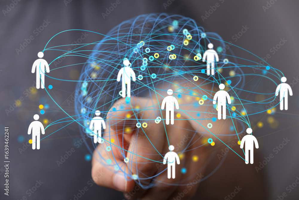 Poster image of a hand interacting with a digital network, visualizing global connections and data flow.
