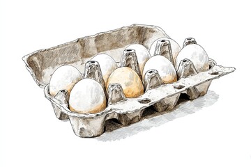 Open carton with eight eggs. Watercolor style illustration on white background. Farm product and food ingredient concept for design and print