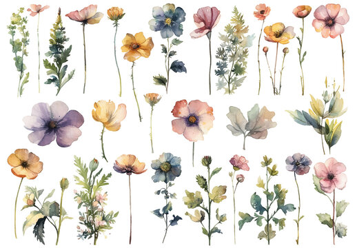 Vector watercolor painted style - flowers clipart isolated on white background.