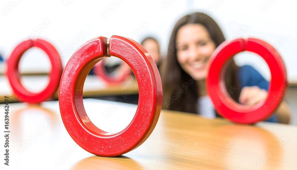 Poster red circular objects on a wooden surface.