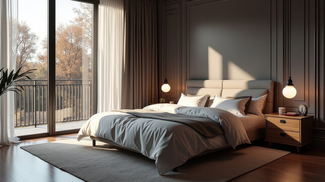 Serene bedroom with white bedding, wooden bed frame, dried flowers, peaceful and natural sleep environment concept