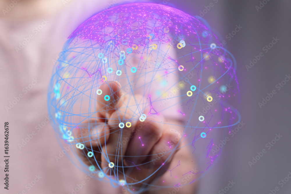 Poster hand interacts with a vibrant digital globe, showcasing global connectivity and networking.