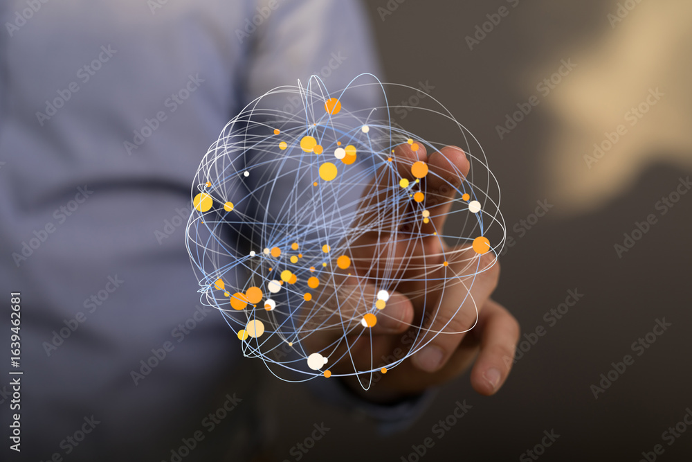 Poster abstract image of a hand interacting with a digital network. perfect for tech, business, and connect