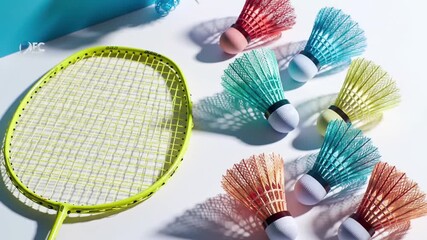 Badminton Racket with Green Frame Surrounded by Red Green and Yellow Shuttlecocks on White Background