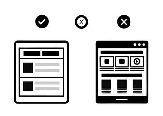 Website design comparison with checkmark and cross symbols