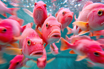 Group of bright pink fish swimming in water towards camera, closeup wide angle underwater photo. Generative AI