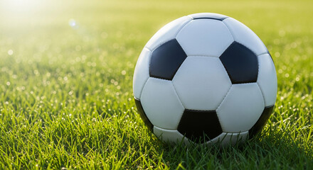 Obraz premium Classic soccer ball on green grass in bright sunlight