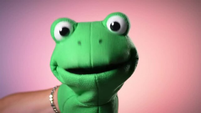Close Up of a Green Frog Hand Puppet with Pink and Purple Gradient Background Held By Hand Adorned with a Silver Bracelet