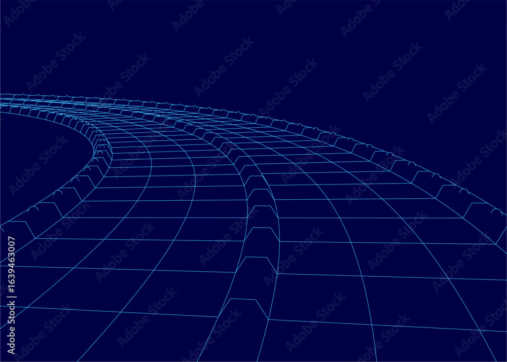 Poster a curved road 3d model features a blue background with radiating grid lines. the contour design crea
