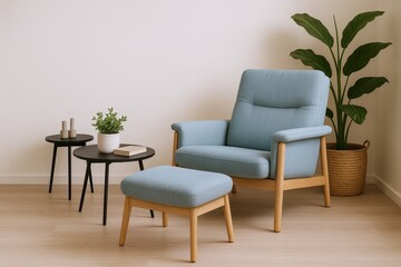 Comfortable Blue Upholstered Armchair with Matching Ottoman and Side Tables in a Modern Interior Setting