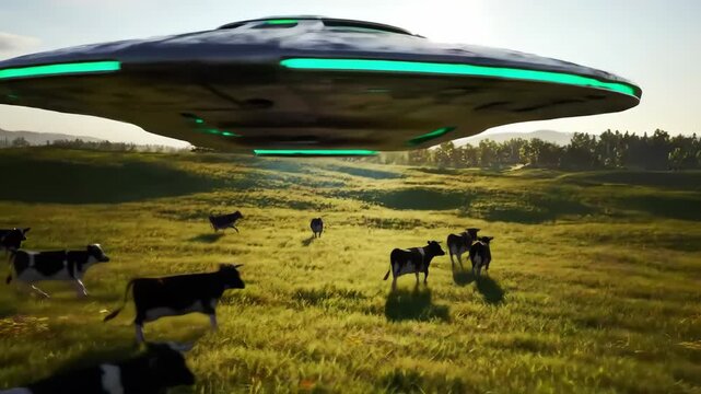 Mysterious alien spacecraft hovers over cows grazing in a peaceful rural landscape under a bright, hazy sky
