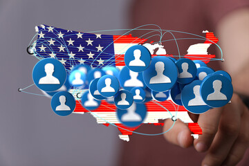 Digital illustration of a US map with social media icons, representing online connections.