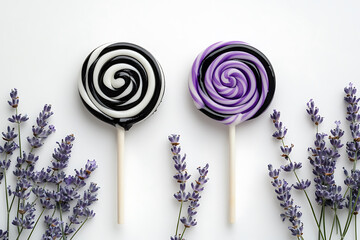Fresh Vibrant Lollipops in Light Purple, Black & White with Lavender Bouquet on White Background