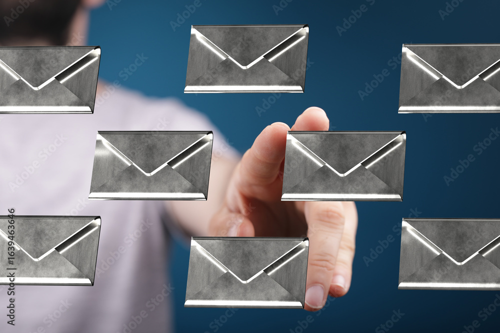 Aufkleber hand reaching for digital email icons. efficient inbox management concept.