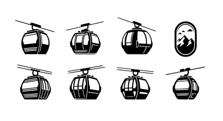 Collection of distinct black and white silhouette icons representing modern and classic cable car gondolas isolated on transparent background © PixelSaga MH2 