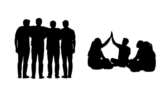 Diverse group of people in silhouette standing together with arms around each other and another group sitting in a circle with one person raising their arms in celebration isolated on transparent back