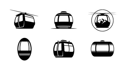 Collection of distinct black and white silhouette icons representing modern and classic cable car gondolas isolated on transparent background