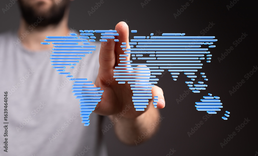 Poster hand interacting with a digital world map, representing global connectivity and networking.