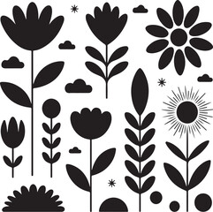 Collection of stylized floral silhouettes with abstract clouds and stars