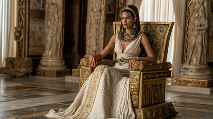 Realistic illustration of Queen Cleopatra seated regally on her golden throne