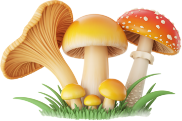 Three types of mushrooms with orange caps and white spots and yellow caps isolated on a transparent background