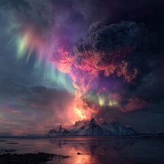 Fototapeta premium Volcanic eruption at night, aurora borealis, coastal mountains, reflection