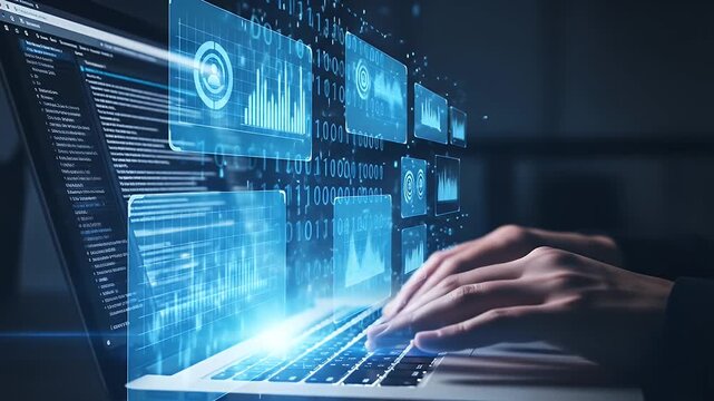 Persons hands typing on a laptop displaying glowing blue digital graphs and data