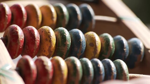 Vibrant Multicolored Abacus Beads with Weathered Texture on a Wooden Frame in Sunlight