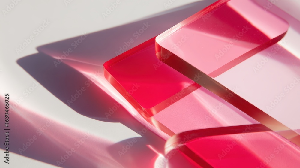 Poster pink transparent acrylic blocks are casting shadows and refracting light on a white background, crea