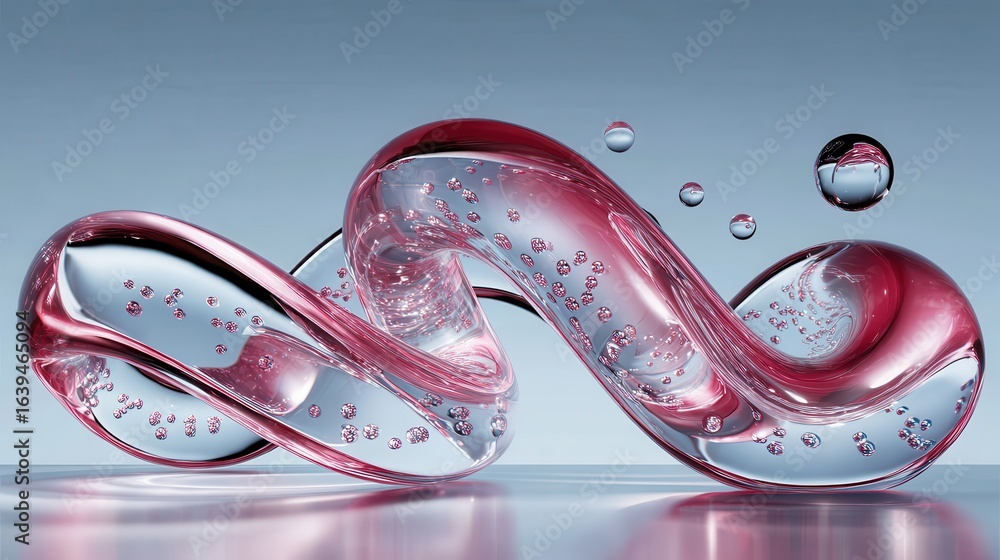 Poster pink liquid dancing through air, generating dynamic swirls with delicate bubbles, spreading across g