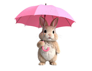 Obraz premium Fluffy Bunny Character with Oversized Umbrella, Isolated PNG