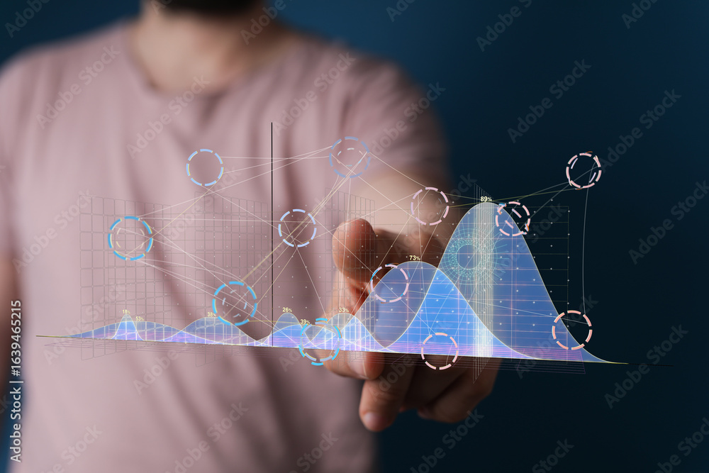 Poster a businessman interacts with a digital graph showcasing data analysis and business insights.