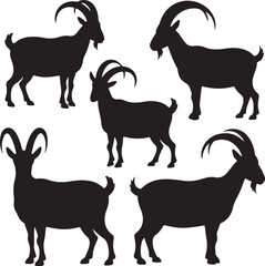 Five Black Silhouette Ibex Goats Standing and Facing Different Directions animal wildlife