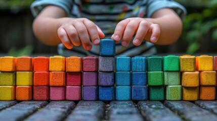 Child building with colorful wooden blocks