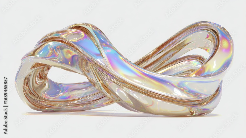 Poster luminescent holographic shape spiraling across white backdrop, generating dynamic visual flow with s