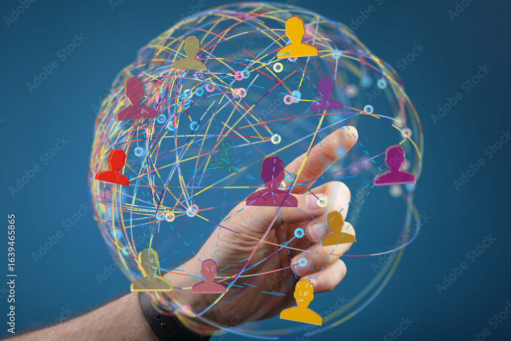 Poster abstract image of a hand interacting with a global network, symbolizing connection and communication