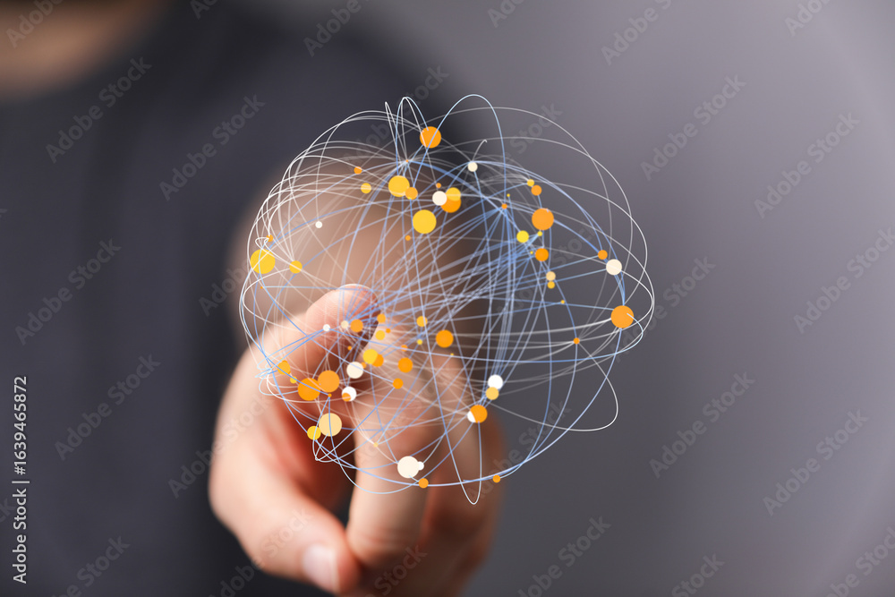 Poster abstract image of a hand interacting with a digital network. represents global connectivity, data vi