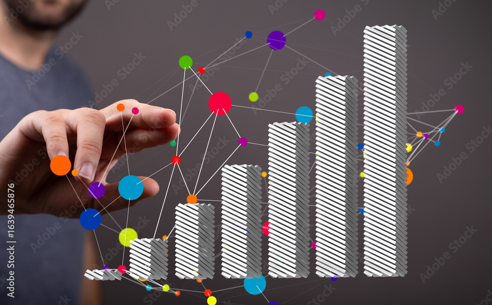 Poster hand interacting with a 3d bar chart showing growth, data points connected by lines. ideal for busin