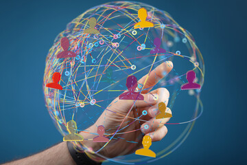 Abstract image of a hand interacting with a global network, symbolizing connection and...