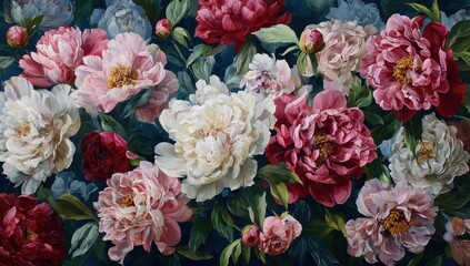 Lush Peonies Painting, Floral Still Life, Dark Background, Home Decor