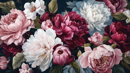 Lush Pink and White Peonies Bouquet, Dark Background, Floral Art Print, Home Decor