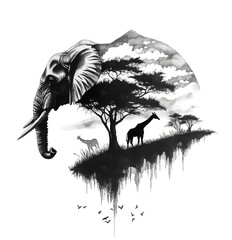Black and white double exposure combining elephant silhouette, savannah, giraffes and flying birds in a surreal wildlife scene. Ink drawing, sketch