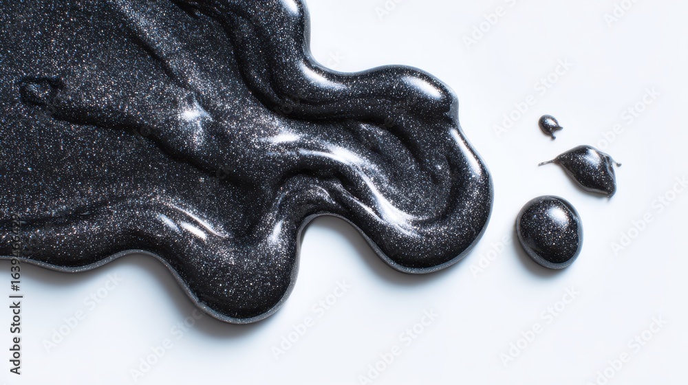 Aufkleber black metallic paint splashing, dripping across pristine white surface, forming dynamic abstract pat