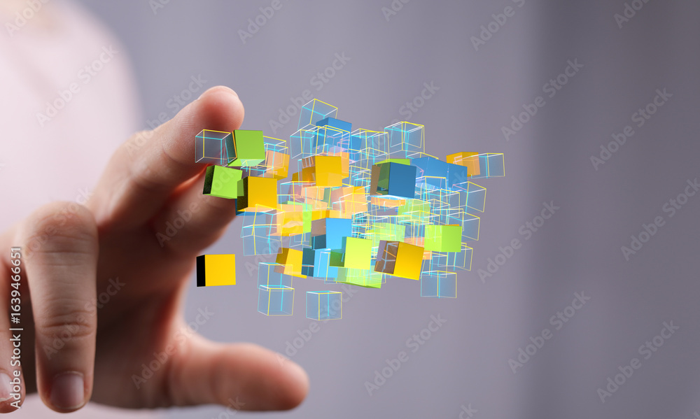 Poster abstract image of hand interacting with colorful data cubes. perfect for technology, innovation, and